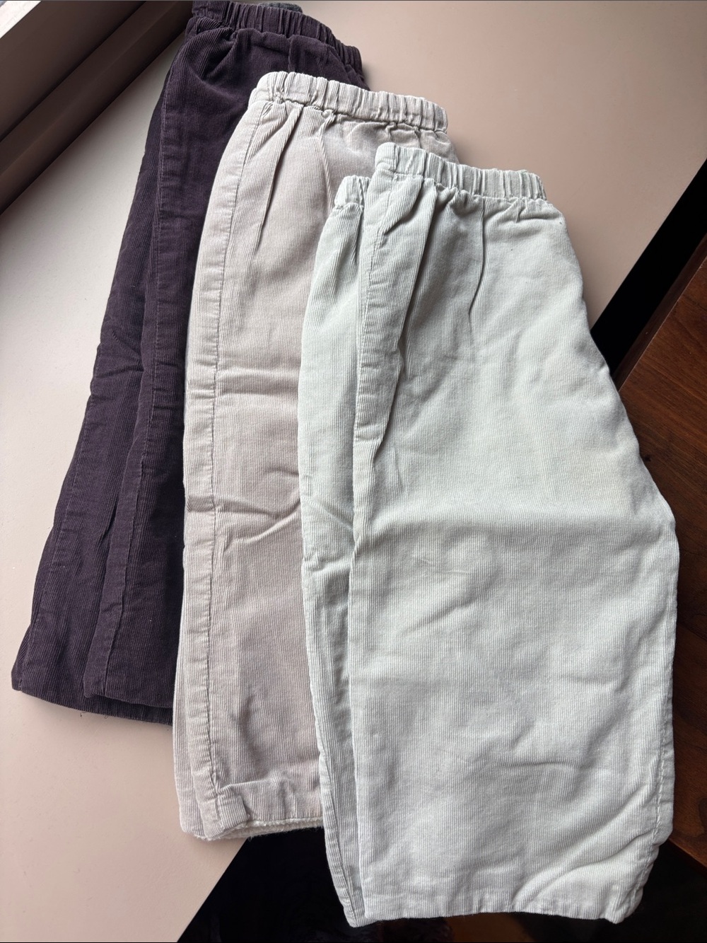 Bonpoint Elastic-Waist Corduroy lined Pants Trio - Plum, Taupe, Light Gray